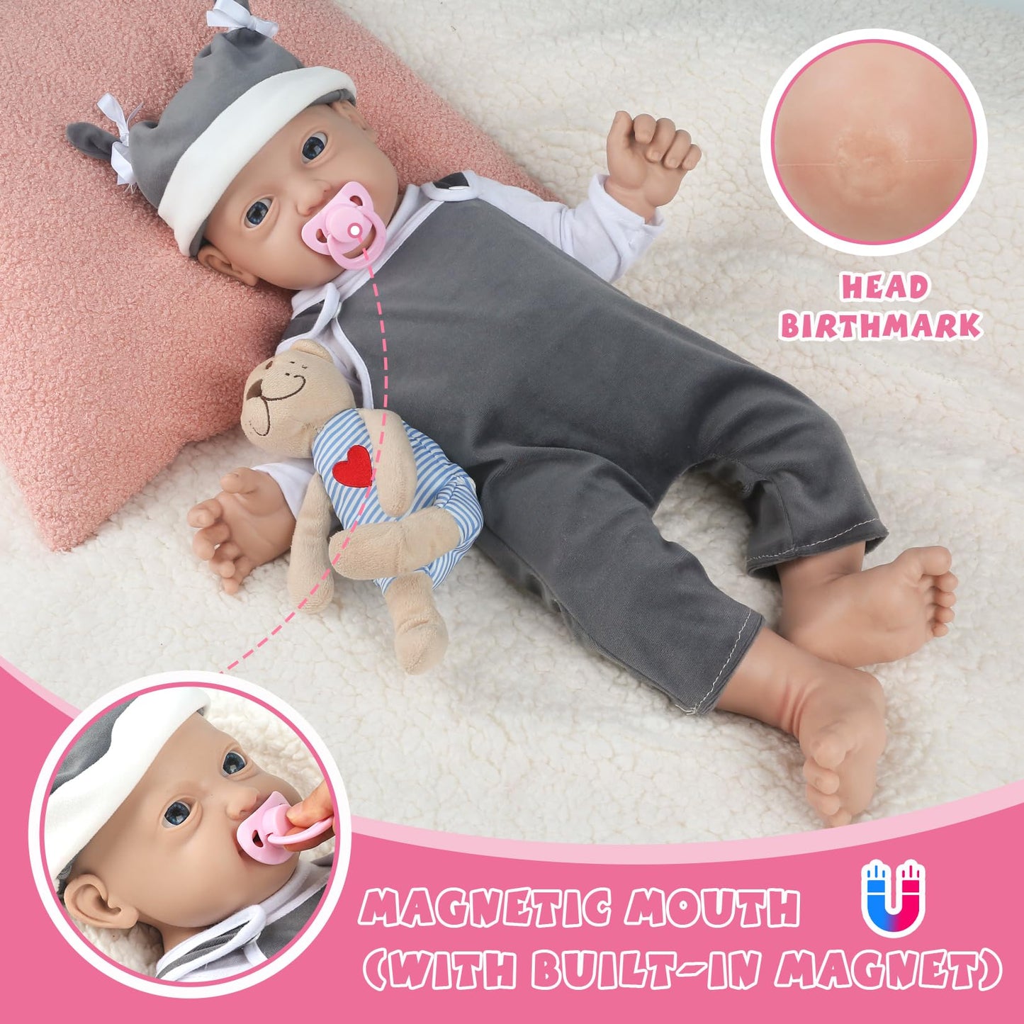Ivita 12 Inch Full Body Silicone Baby Dolls With Magnetic Mouth, Newborn Realistic Lifelike Silicone Baby Dolls Gifts For Kids,B