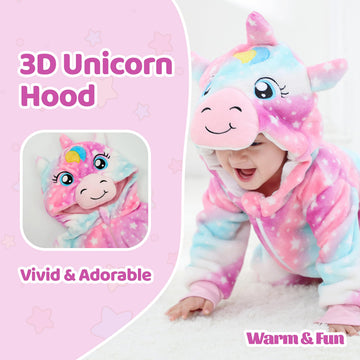Lolanta Toddler Girl Halloween Costume, Infant Romper, Baby Fleece Hooded Unicorn Jumpsuit, Cute Colorful Bodysuit (Multicolor, 18-24 Months)