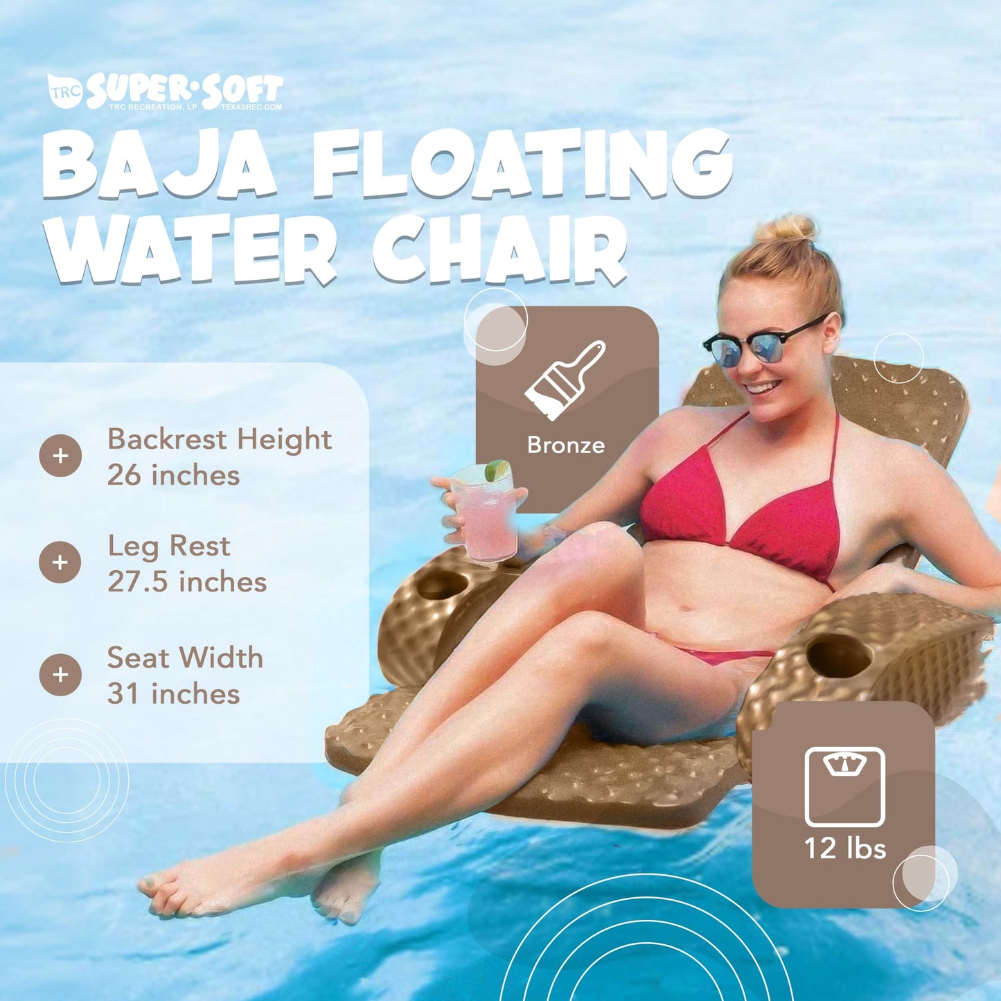 Trc Recreation Folding Baja Chair Foam Swimming Pool Float, Portable Super Soft Floating Lounger With 2 Cup Holders For Beach Es