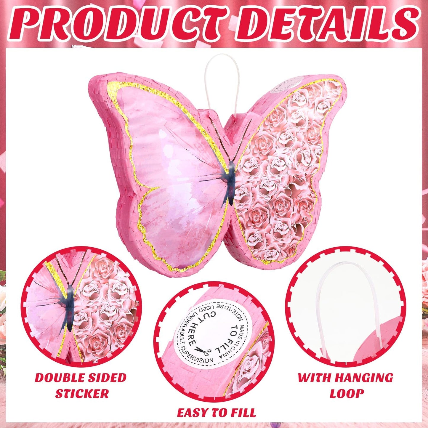 Zhanmai Butterfly Sunflower Piñata Set - 15.4x11.3x2 Inch Pink Bat Stick & Blindfold for Girls Birthday Party Supplies