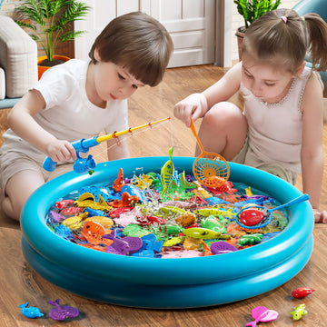 Niplooow Kids Pool Fishing Toys Games, Water Table Bathtub Toy With Inflatable Pool Pole Rod Net Plastic Floating Fish, Birthday