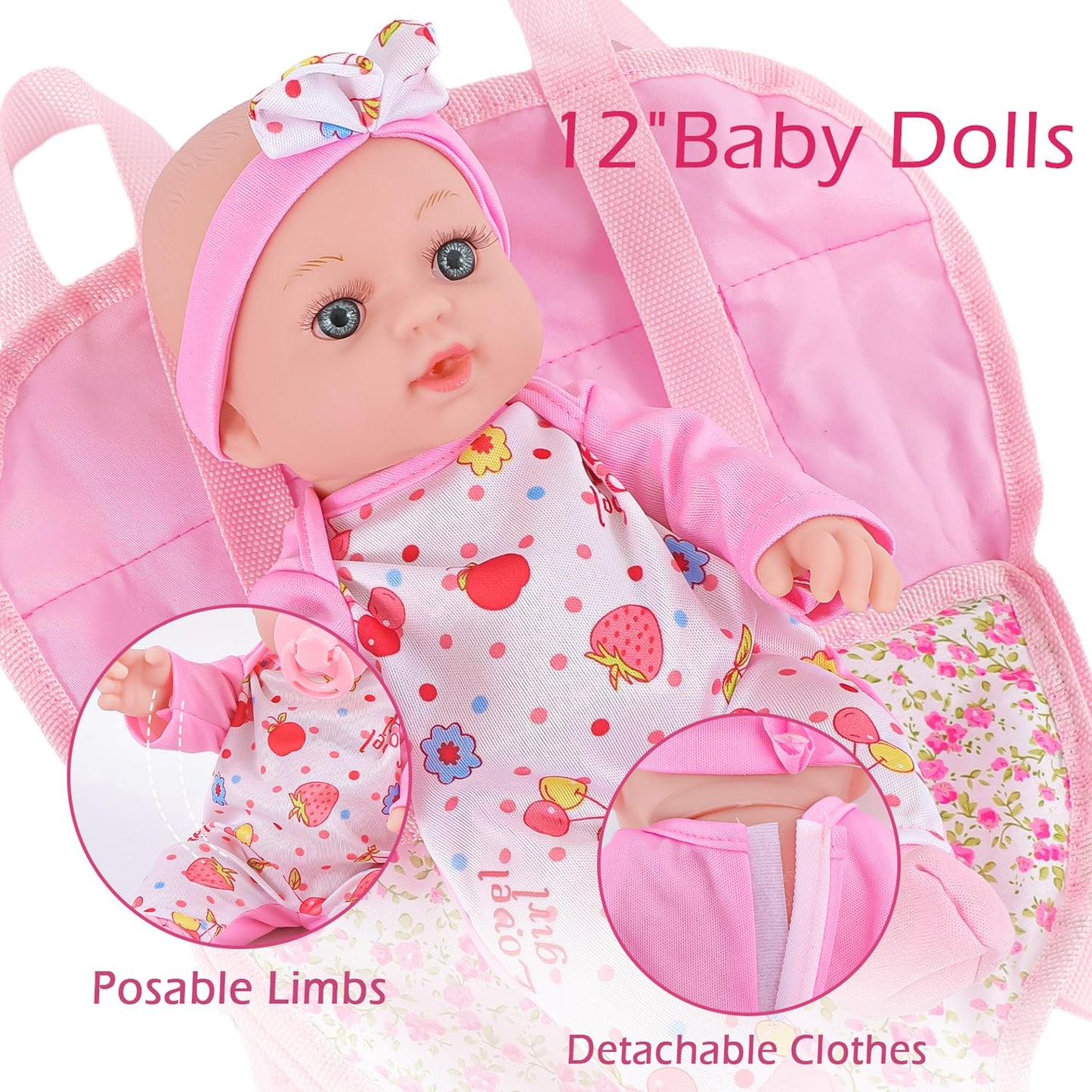 Vawmjot 12 Inch Baby Doll With Carrier Play Set And Clothes,Reborn Baby Doll Accessories With Bottles,Pacifiers,Diapers