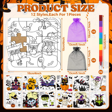 Fullhawl 12 Sets Puzzles Color Your Own Puzzles DIY Jigsaw Crafts with 12 Stackable Crayons and 12 Bags for Learning Education Toys Gifts Prizes Birthday Party Supplies (12 Halloween)