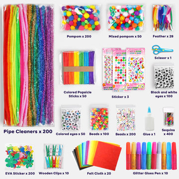 FUNZBO Arts and Crafts Supplies for Kids -Kids Craft Kit with Pipe Cleaners, Popsicle Sticks, Pompoms & Stickers, All in One Hom