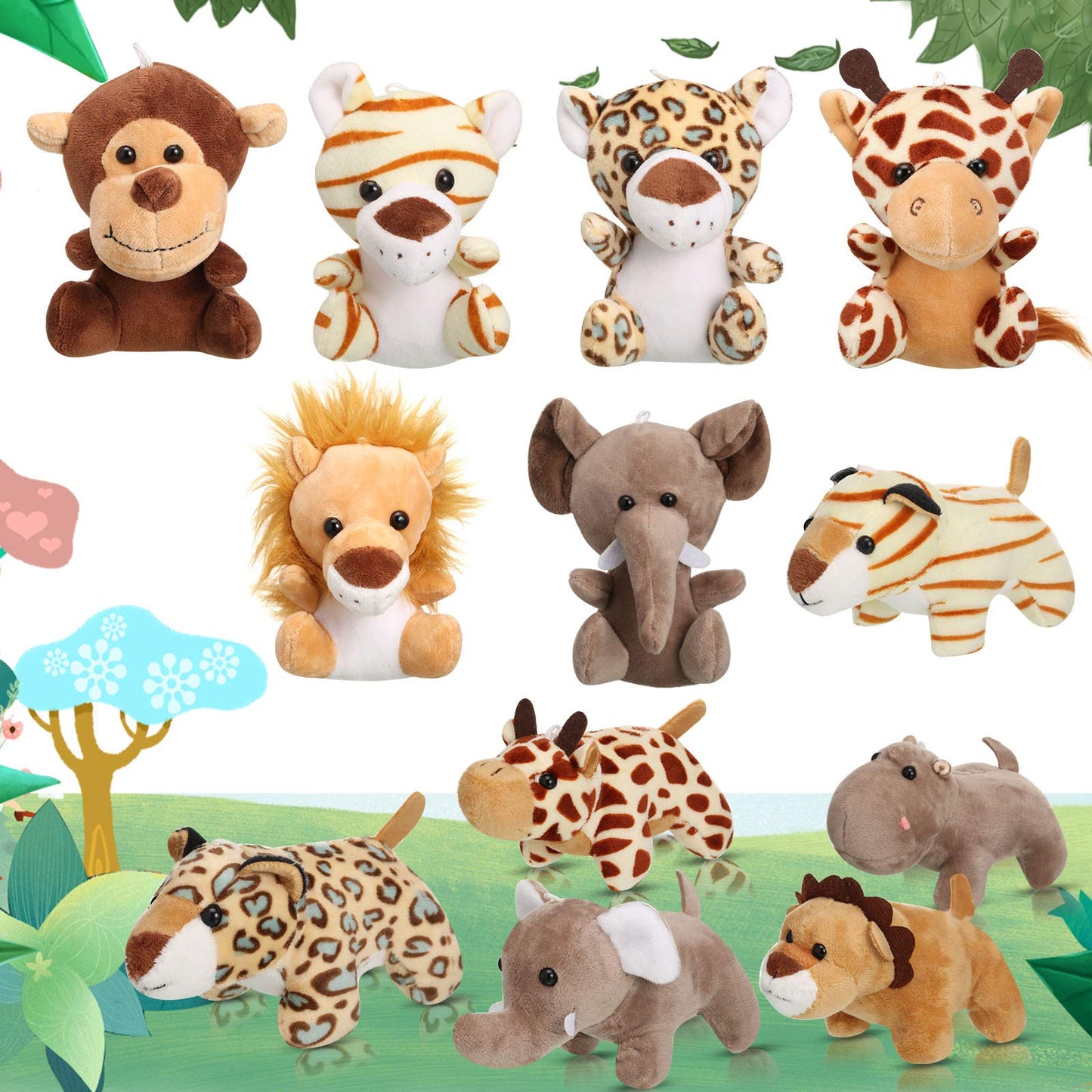 Sumind 12 Pieces Valentine'S Day Mini Stuffed Forest Animals Jungle Animal Plush Toys 4.8 Inch Cute Plush Elephant Lion Giraffe Tiger Plush For Animal Themed Parties Achievement(Sitting, Lying)