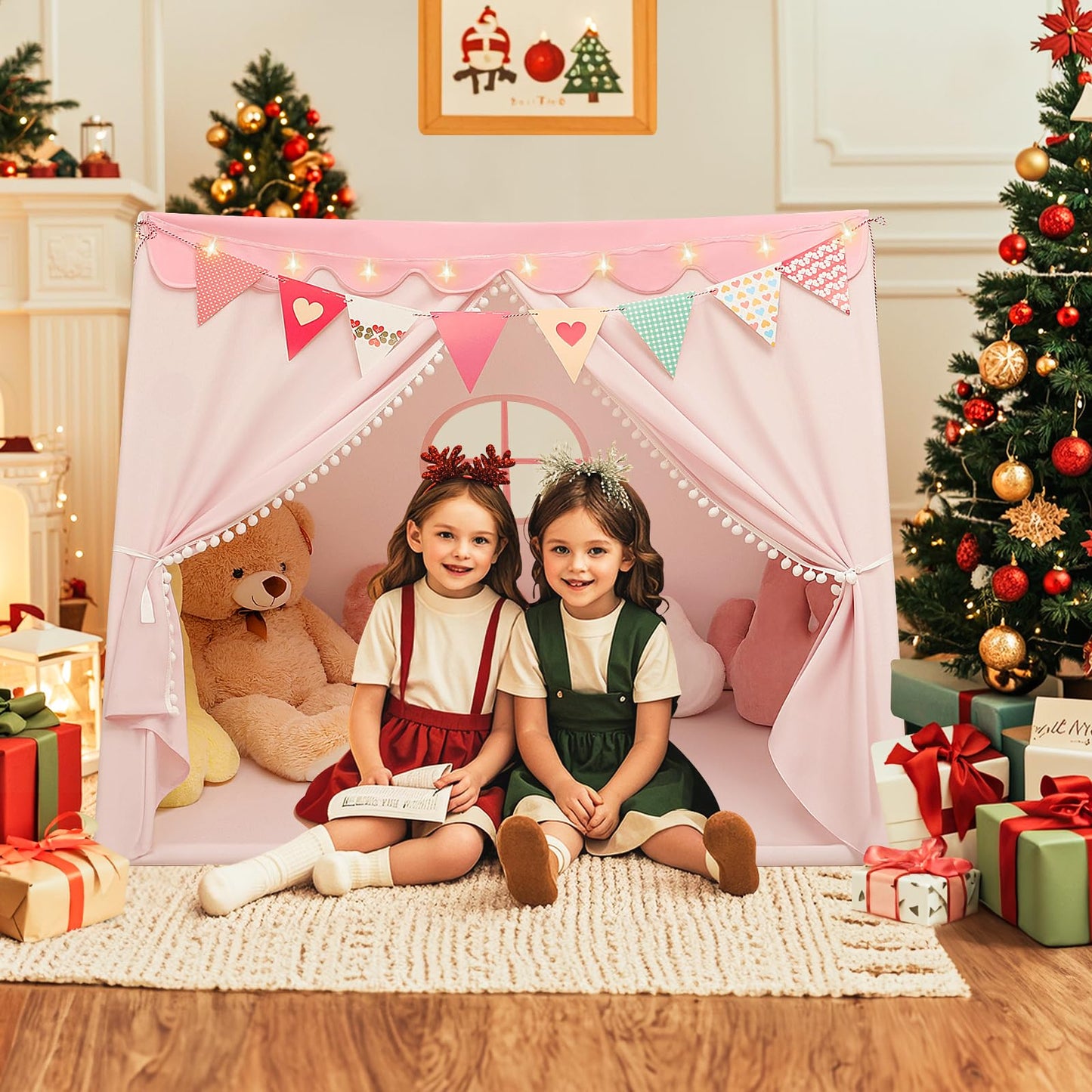 Piikago Kids Play Tent - Kids Tent Indoor With Star Lights And Flags, Play Tents For Toddlers 1-3, Kids Playhouse For Girls, Pin