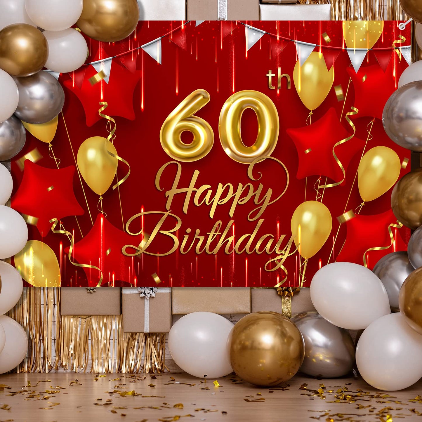 60Th Birthday Backdrop Banner Decorations Red And Gold For Women Men Happy 60 Years Old Bday Background Photography Party Decor Sign Supplies