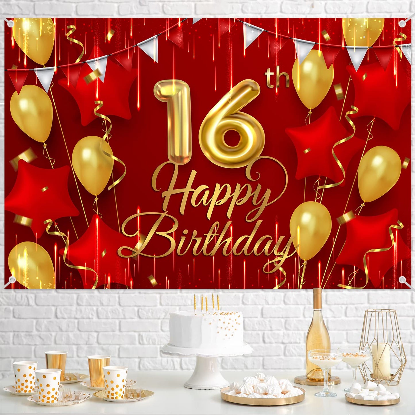 NC 16th Birthday Backdrop Banner Decorations Red and Gold for Boys Girls Happy 16 Years Old Bday Background Photography Party De