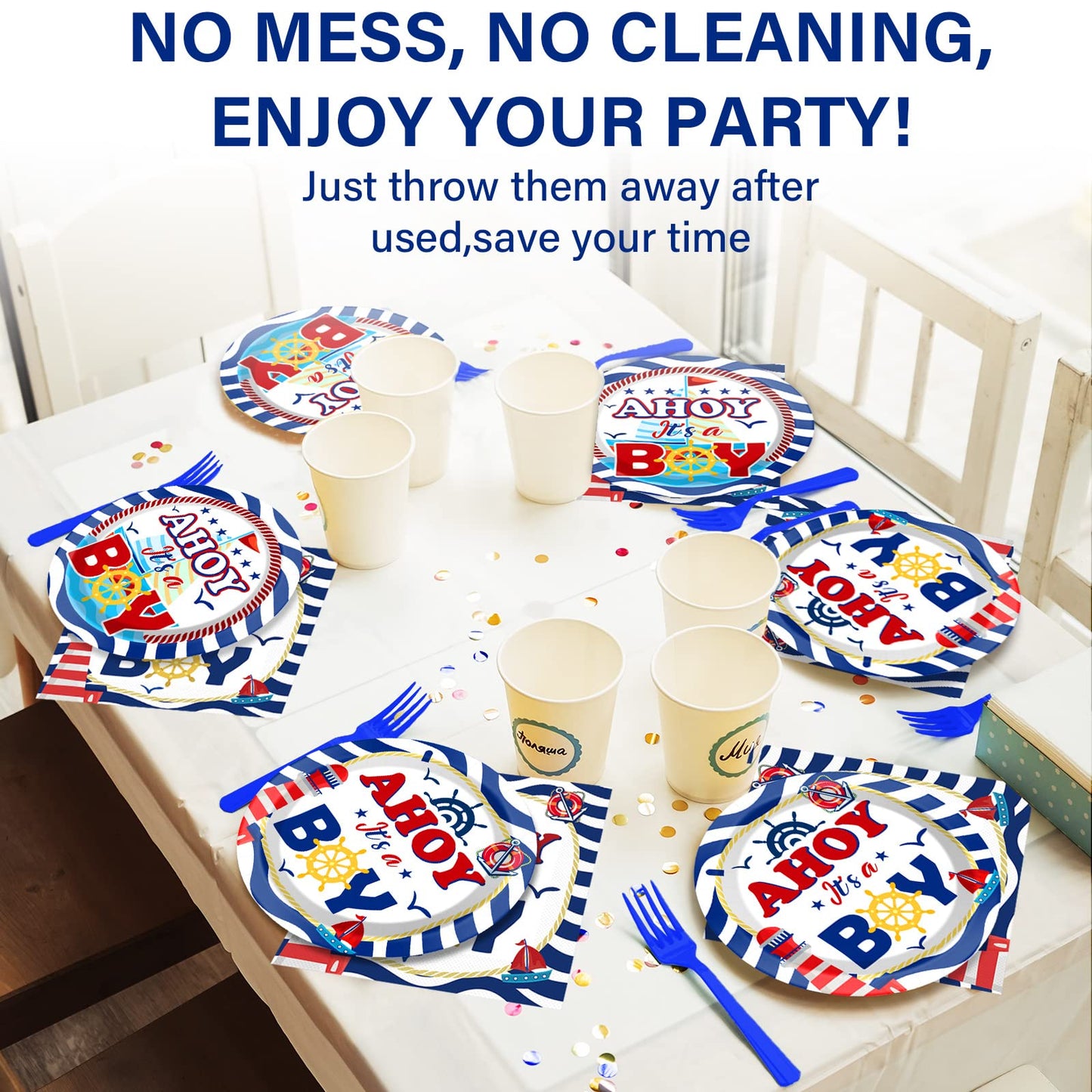 25 Guests Nautical It'S A Boy Baby Shower Party Supplies Decorations Ahoy Nautical Party Disposable Plates Napkins Tableware Din