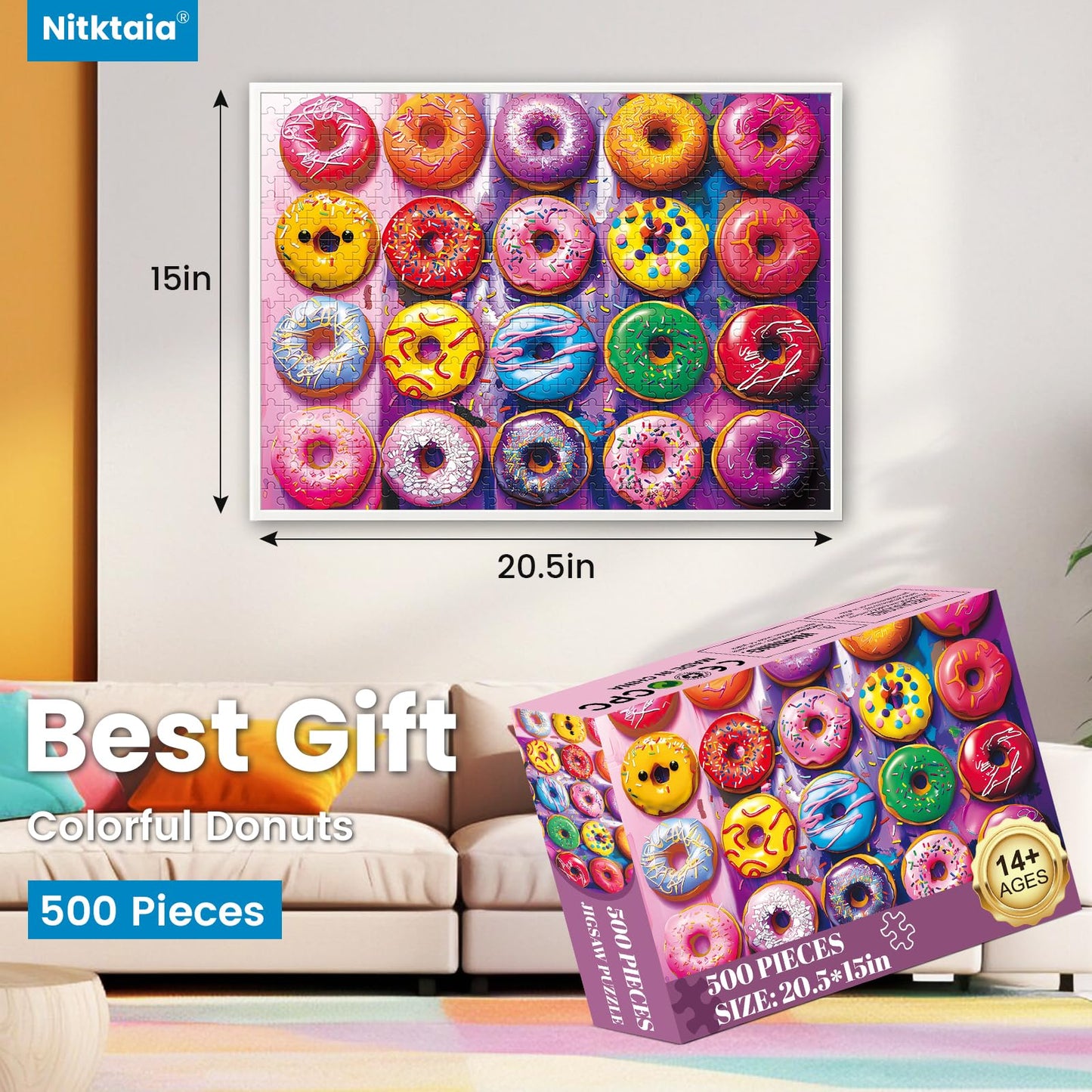 500 Pieces Puzzles For Adults-Colorful Donuts Puzzle For Adults Children Elderly-Recycled Paper Jigsaw Puzzle 500 Pieces-Glossy,