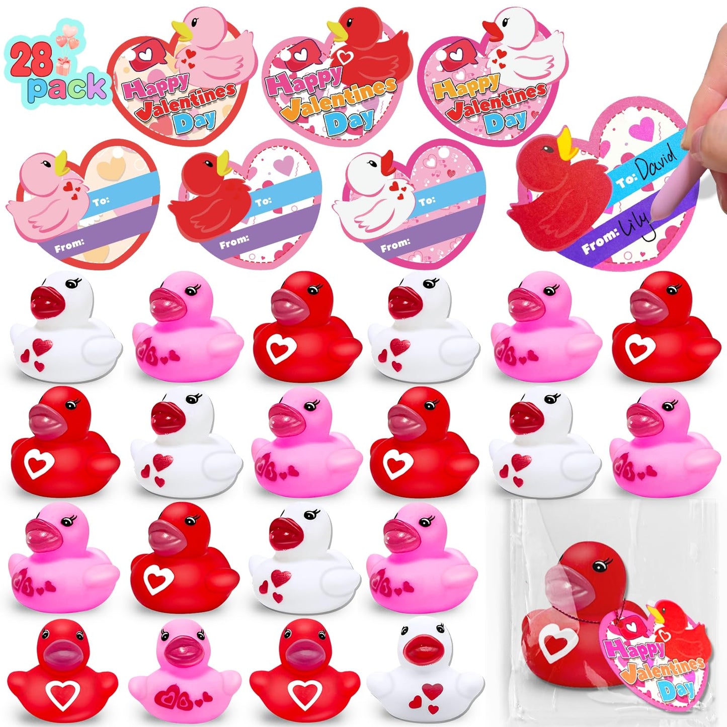 Amenon 28 Pack Valentines Rubber Ducks Valentines Gifts For Kids Toddlers Bath Squeeze Toys With Cards Classroom School Exchange Gifts Prizes Party Favor Birthday Goodie Bag Pool Bathtub Toys
