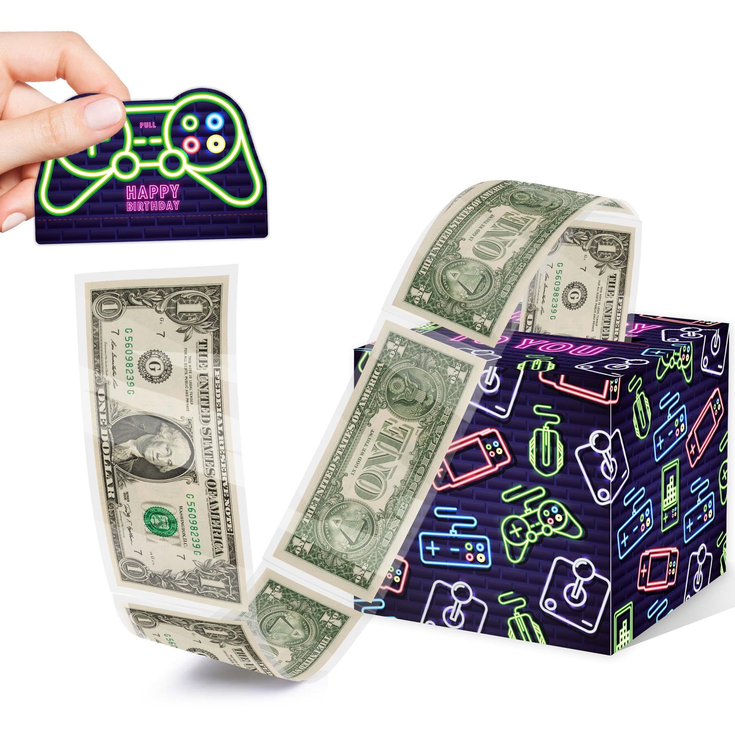 Neon Surprise Money Box Gift Pull For Game Lover- Happy Birthday Money Box For Cash Gift Set Included Happy Birthday Card And 35Pcs Transparent Bags, Fun Birthday Gift For Kids Boys Girls