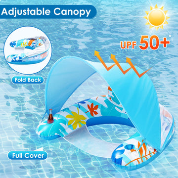 LAYCOL mature-themed Inflatable Pool Chair with Canopy Ergonomic Headrest Cup Holder Blue 47.5 x 37.5 x 27.5