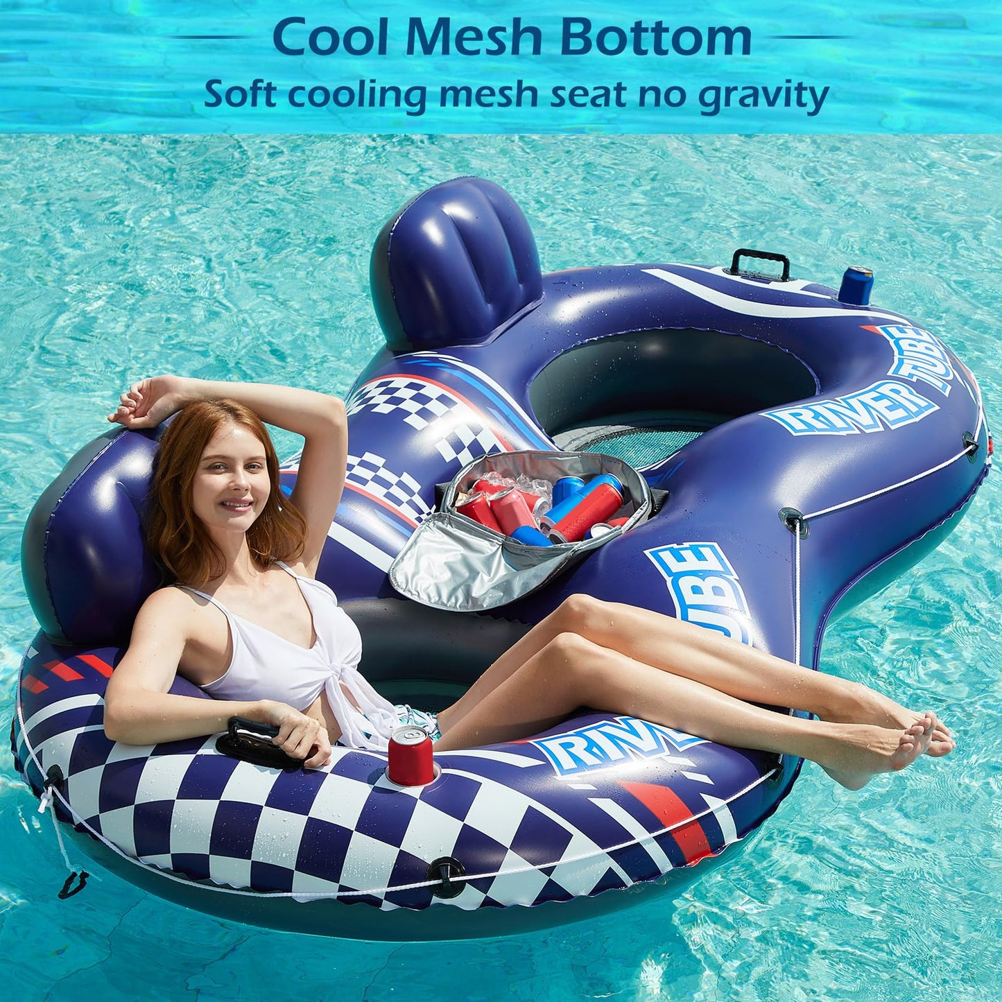 Jasonwell Inflatable River Tube Float - 2 Person Heavy Duty River Float Pool Floats With Removable Cooler Lake Water Tubes For Floating River Raft Lounge Floatie With 2 Cup Holders For Adults (D-Blue)