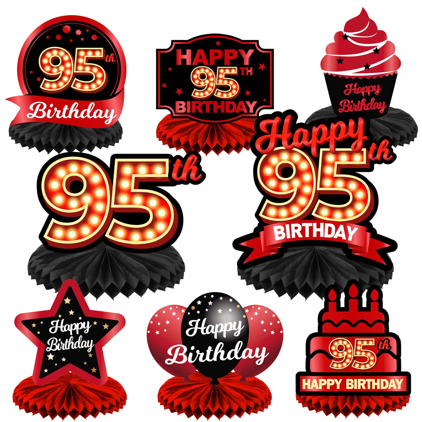 Happy 95Th Birthday Red And Black Table Honeycomb Centerpieces Balloons Theme Decor Table Decorations Table Toppers For Girls Women Princess 95 Years Old Birthday Party Bday Supplies Background Gold