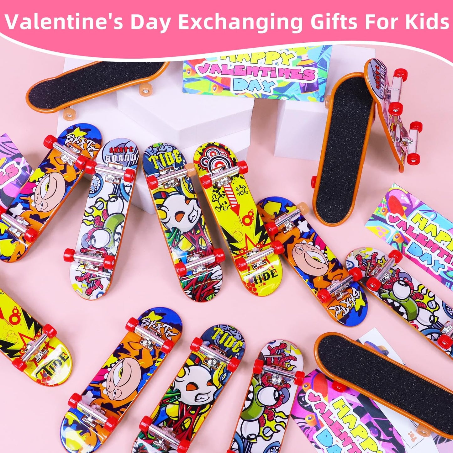 28 Pack Prefilled Valentines Cards For Kids Finger Skateboards Classroom Exchange Gifts For Student, Valentines Finger Sports Fo