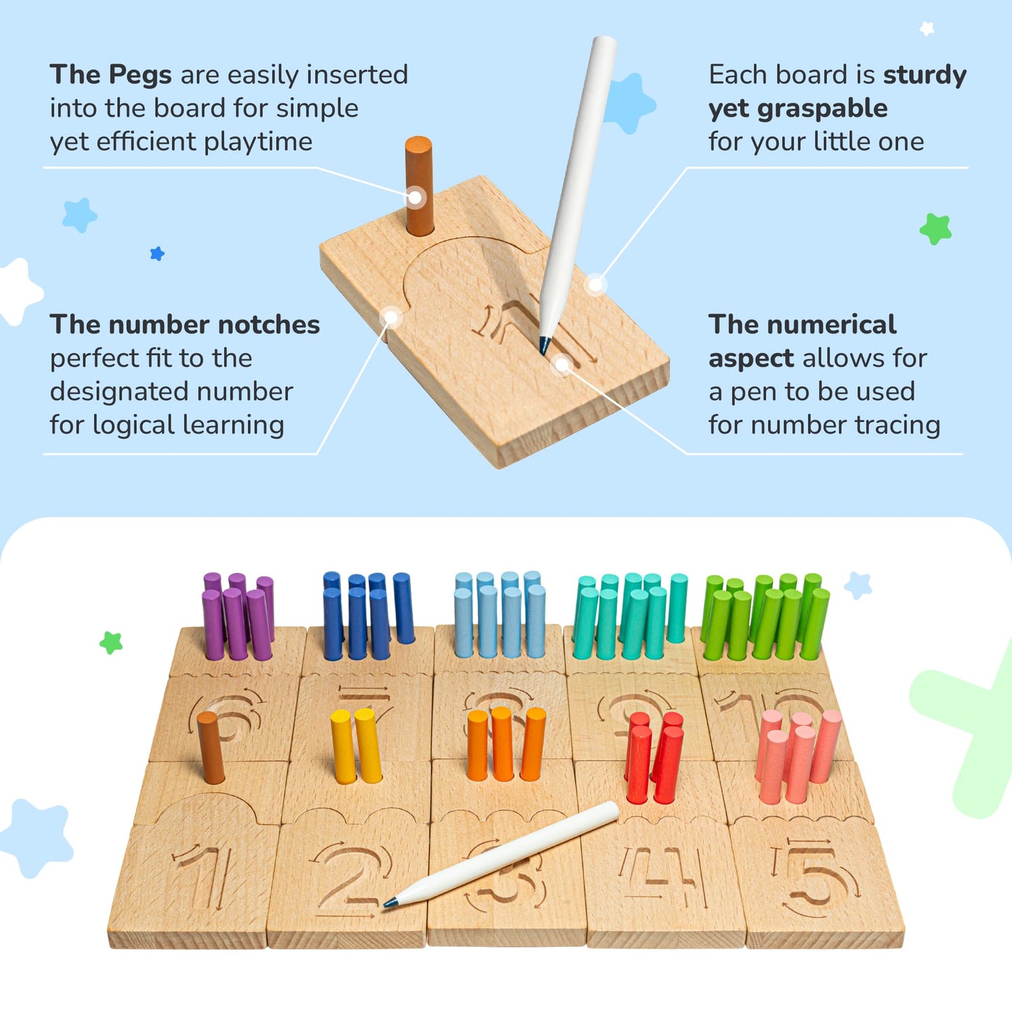 Bimi Boo Montessori Counting Pegs And Number Tracing Boards For Kids - Wooden Math Toy For Toddlers And Preschoolers - Math Manipulatives For Kindergarten (55 Pegs, 10 Boards, 1 Pen)