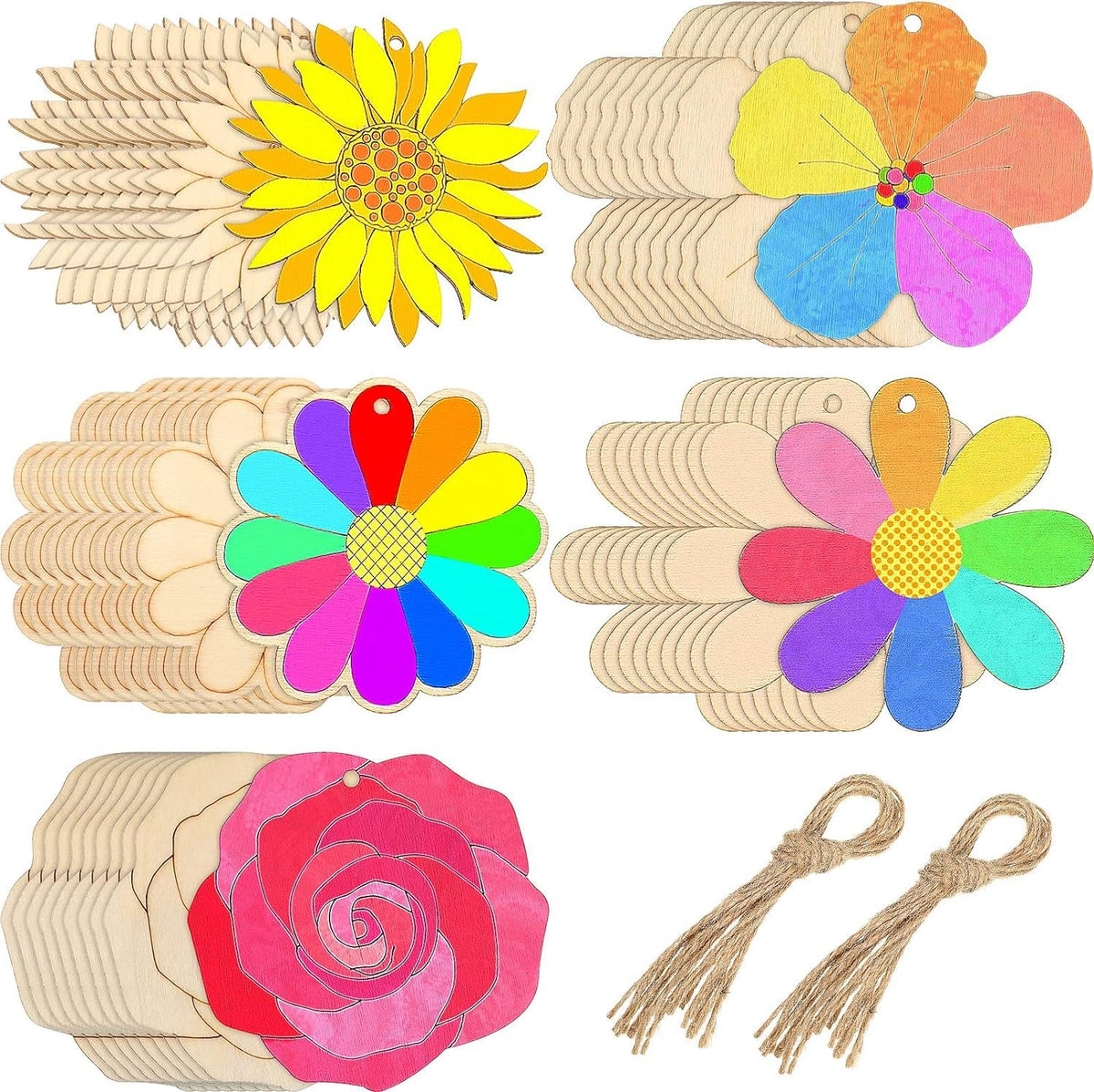 American Elm 25 Pcs Flowers Unfinished Wooden Cutouts For Crafts Sunflower Wood Slices Flower Wooden Paint Crafts For Kids Paint