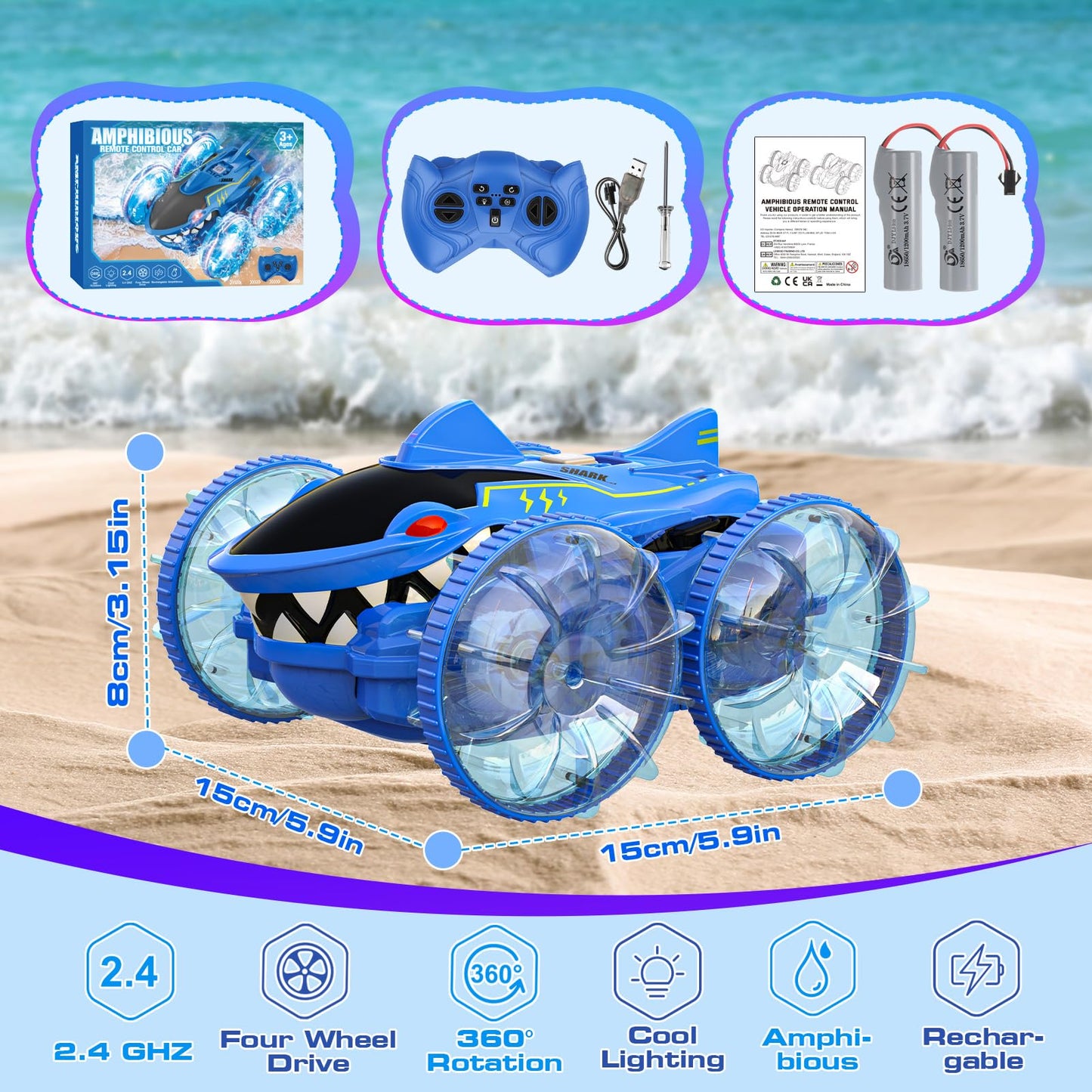Toys For Ages 5-7 Boys, Amphibious Remote Control Car 4Wd Waterproof 2.4Ghz Fast Stunt Rc Car 360 Rotating With Lights Xmas Gift