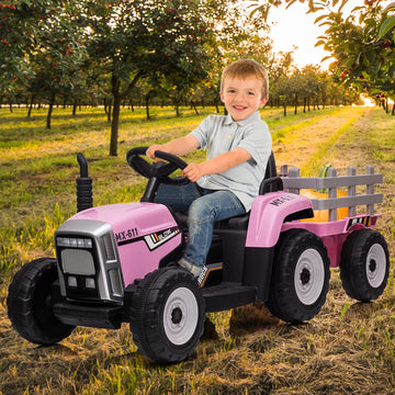 Nasitip 12V Kids Battery Powered Electric Tractor With Trailer, Toddler Ride On Car W/Remote Control/ 7-Led Headlights/ 2+1 Gear