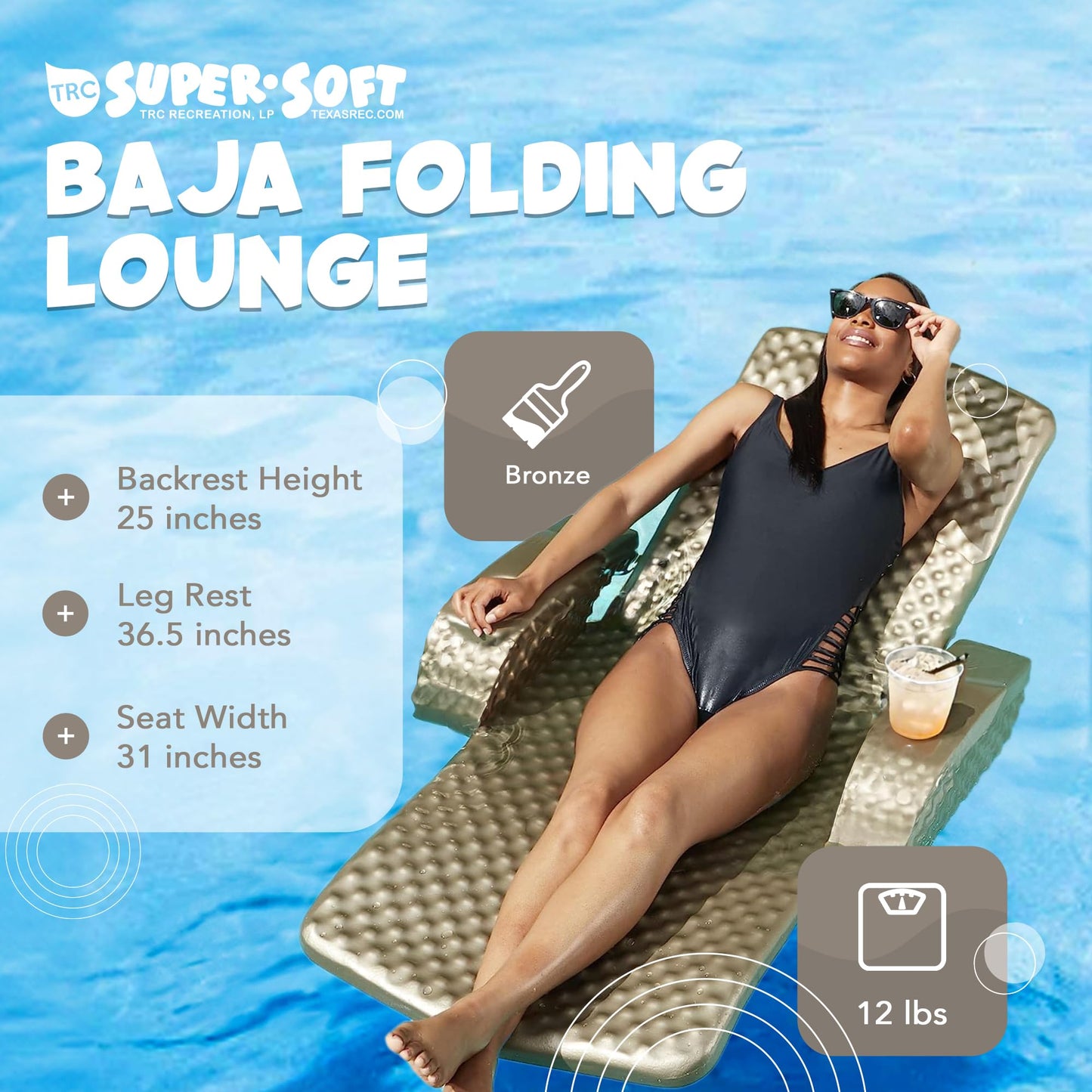 TRC Recreation Large Bronze Folding Baja II Lounger Foam Pool Float with 2 Cup Holders - Portable Beach Essential