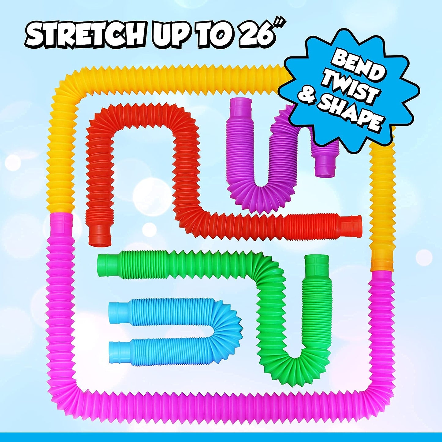 Pop Tubes Sensory Toys 4 Pack, Fine Motor Skills Toddler Toys, Thick Fidget Sensory Toys For Kids And Adults, Learning Toys, 7.5' Stretches Up To 26' By Playkidz (4 Pack)