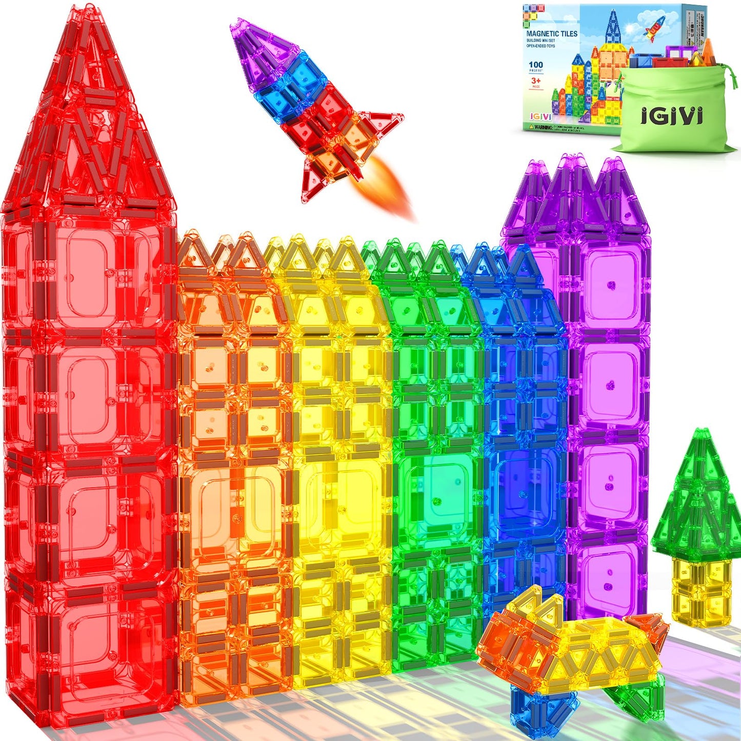 IGIVI 100PCS Magnetic Tiles - Mini Magnetic Blocks for Toddlers, Preschool Educational Toys for Kids Ages 3+, Toddler Essential