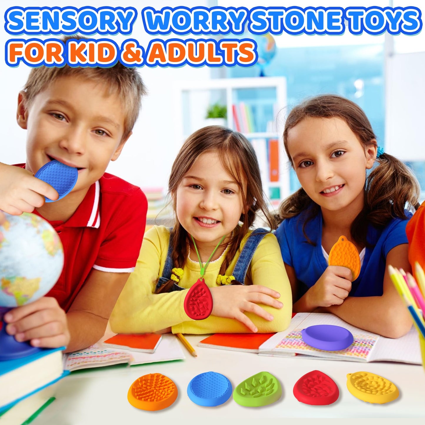 Fidget Toys Worry Stone For Kids 6 Pack Silicone Chewy Nacklace Sensory Stones Toy For Autism Adhd Kids Adults Anxiety Relief Qu