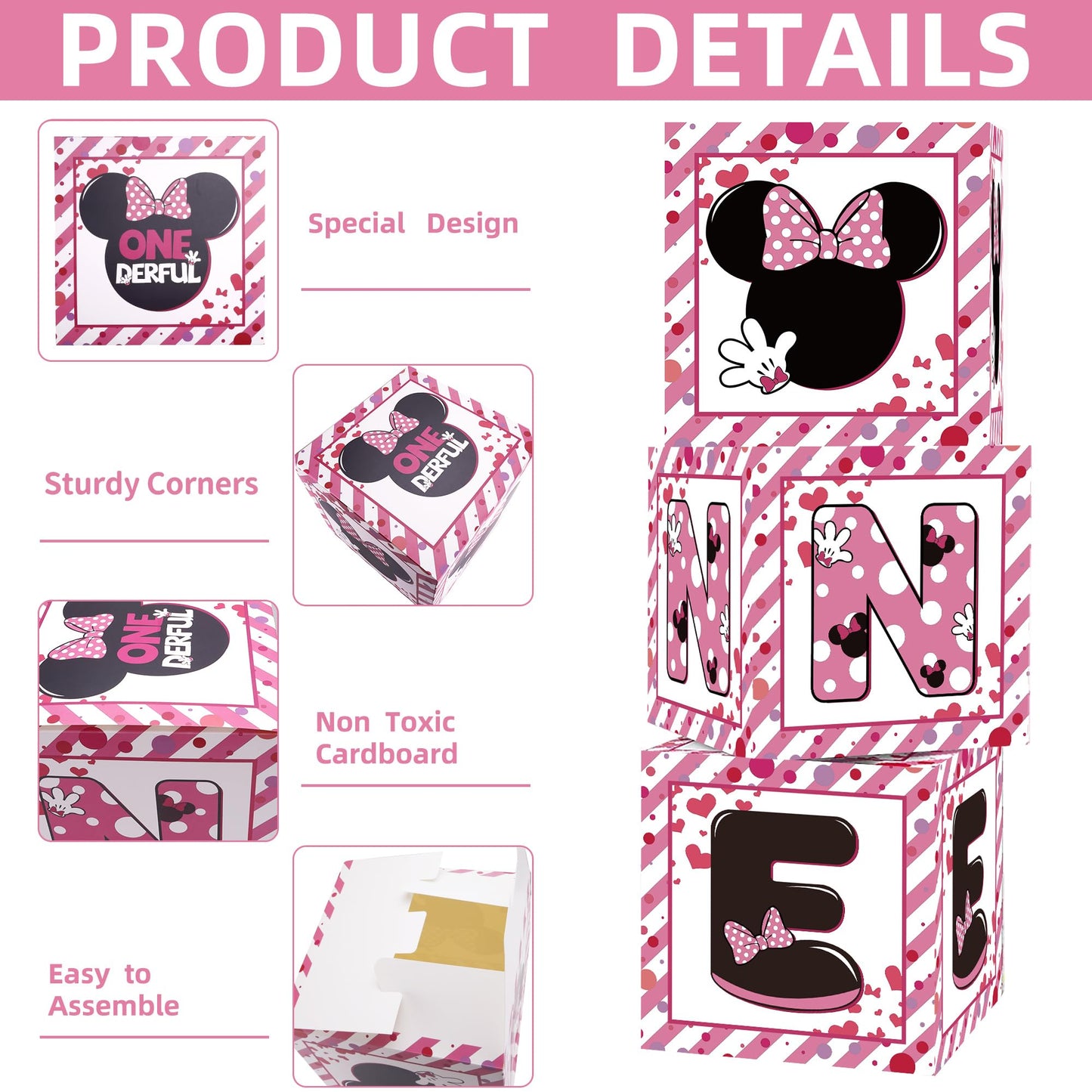 1St First Birthday Party Favors Balloon Boxes Supplies For Baby, Girls 3Pcs Pink Mouse Theme One Year Old Balloon Boxes, 'One' L