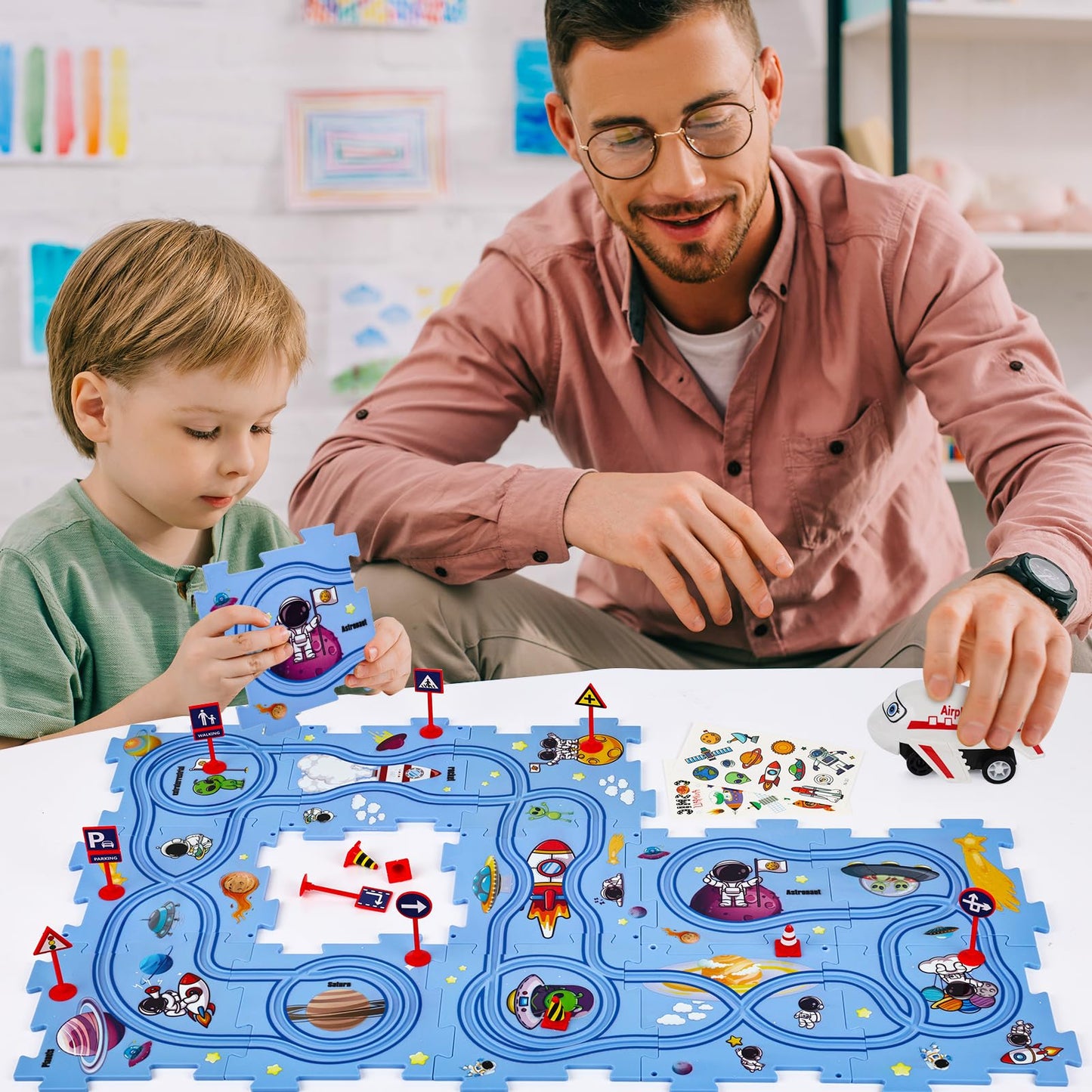 25Pcs Puzzle Racer Kids Car Track Set, Puzzle Track Car Play Set, Rail Car Puzzle Track Space Themed Series, Kids Race Track Set