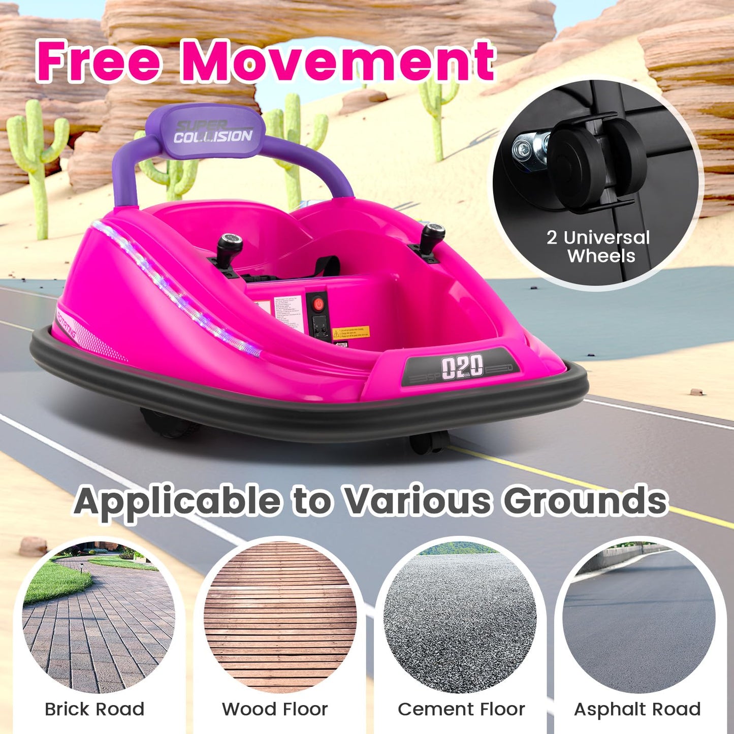 Olakids Bumper Car For Toddlers, 12V Kids Electric Ride On Toy With Remote Control, Battery Powered Vehicle Racer For Baby, 360 Degree Spin Rotation, Colorful Flashing Led Lights, Music (Pink)