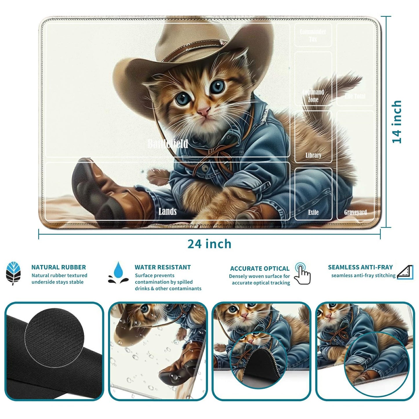 Rwutytiul Cat Card Playmat 24 X 14 Inch With Playmat Tube Bag, Card Gameplay Playmat With Zones Commander Deck Board Mtg Rpg Ccg