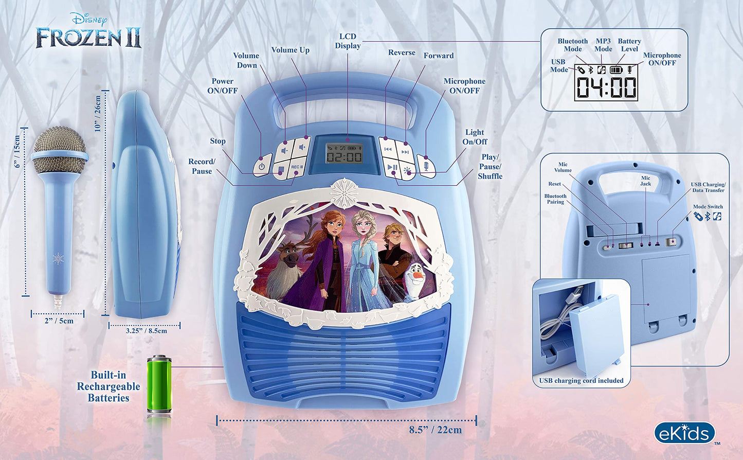 Frozen 2 Bluetooth Portable Mp3 Karaoke Machine Player With Light Show Store Hours Of Music With Built In Memory Sing Along Using The Real Working Microphone Usb Port To Expand Your Content