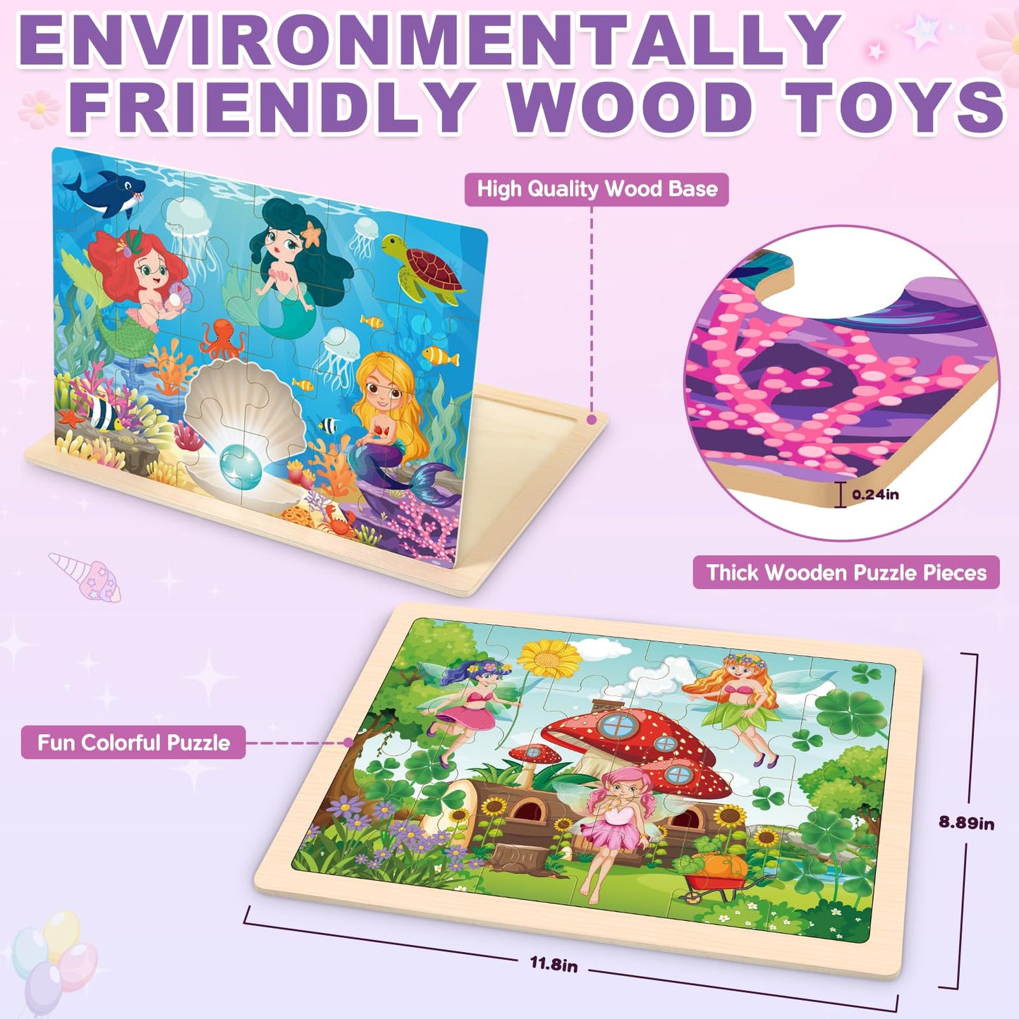 Princess Unicorn Mermaid Fairy Puzzles For Kids Ages 4-6, 4 Packs Wooden Jigsaw Puzzles For Toddlers Girls 2-4, Preschool Educat