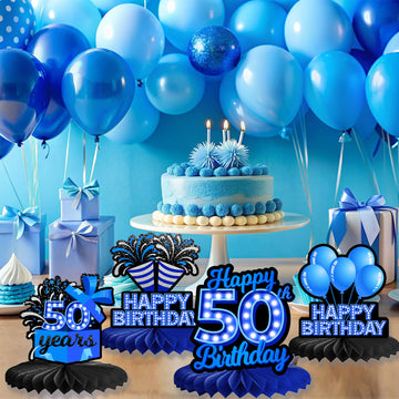 Happy 50th Birthday Honeycomb Centerpieces 9Pcs Stylish Sophisticated Blue Neon Theme Table Decor for Boys Girls Birthday Party
