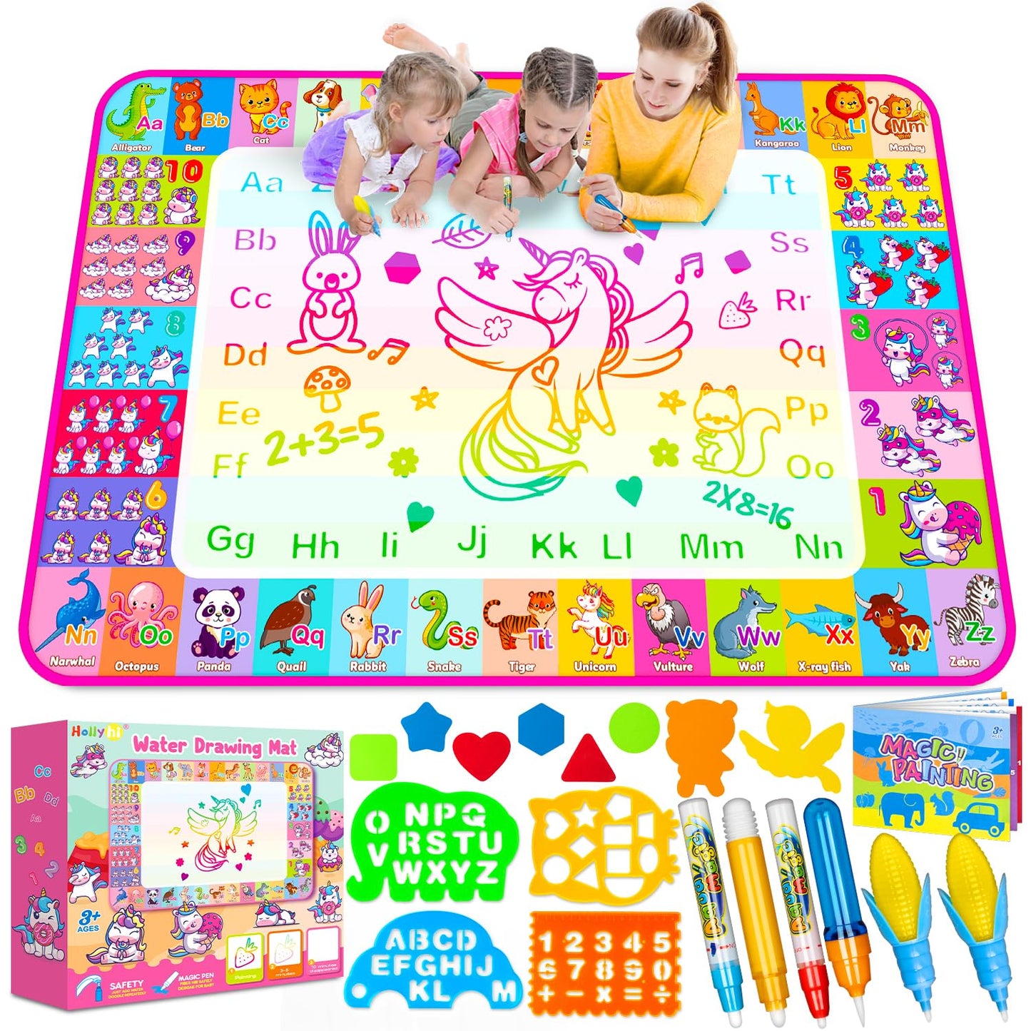 Aqua Water Doodle Mat - Kids Drawing Mat Toddlers Educational Toys For Age 3 4 5 6 7 8 Year Old Boys Girls Gifts - Neon Color Mat Doodle Board Writing Drawing Toys Holiday Christmas Birthday Gifts