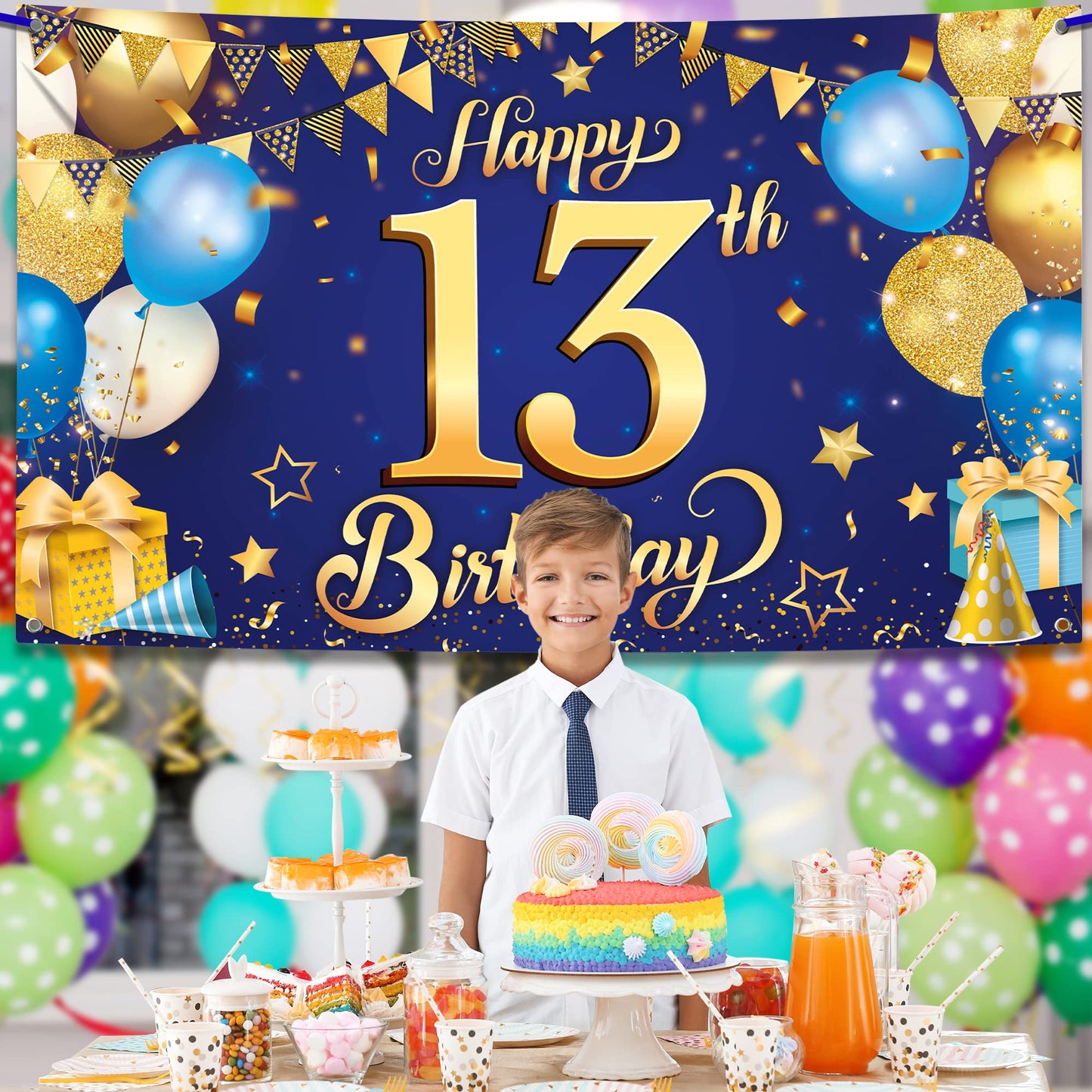 Katchon, Xtralarge Blue And Gold Happy 13Th Birthday Banner - 72X44 Inch | Blue Happy 13Th Birthday Backdrop, 13Th Birthday Decorations For Boys | Blue And Gold 13Th Birthday Party Decorations Boy
