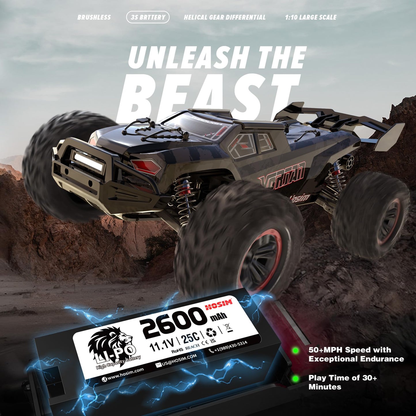 Hosim Mini 1:8 Rc Truck for Adults, Vortan Brushless Rc Truck Gas Powered Rc Cars for Adults Fast Rc Car 50MPH, All Terrain Remo