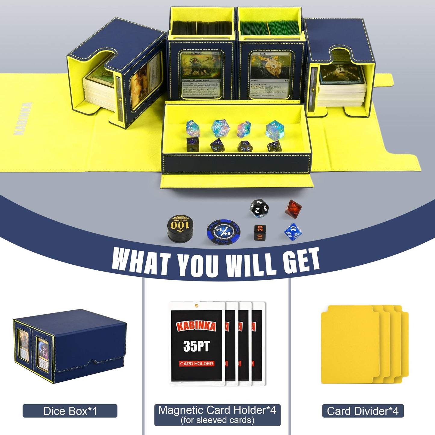 MTG Deck Box with Commander Display -protected designed Design 5 in 1 Trading Card Storage Box Fit 400 Double-sleeved Cards Card Deck Case for TCG/Sports Cards with 4 Magnetic Card Holders(Blue Yellow)