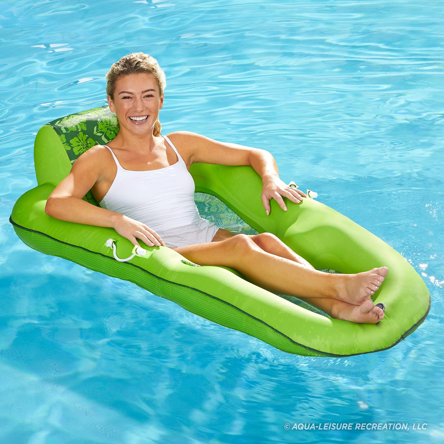 Aqua Leisure Luxury Water Lounge, X-Large, Inflatable Pool Float With Headrest, Backrest And Footrest, Lime Floral Trip Print, (L X W): 63 X 36