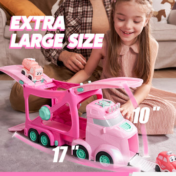 VROOMIX 3-Layer Extra Large Princess Pink Truck Toys for Girls, 7-in-1 Big Transport Vehicle Carrier Truck with Directional Trac
