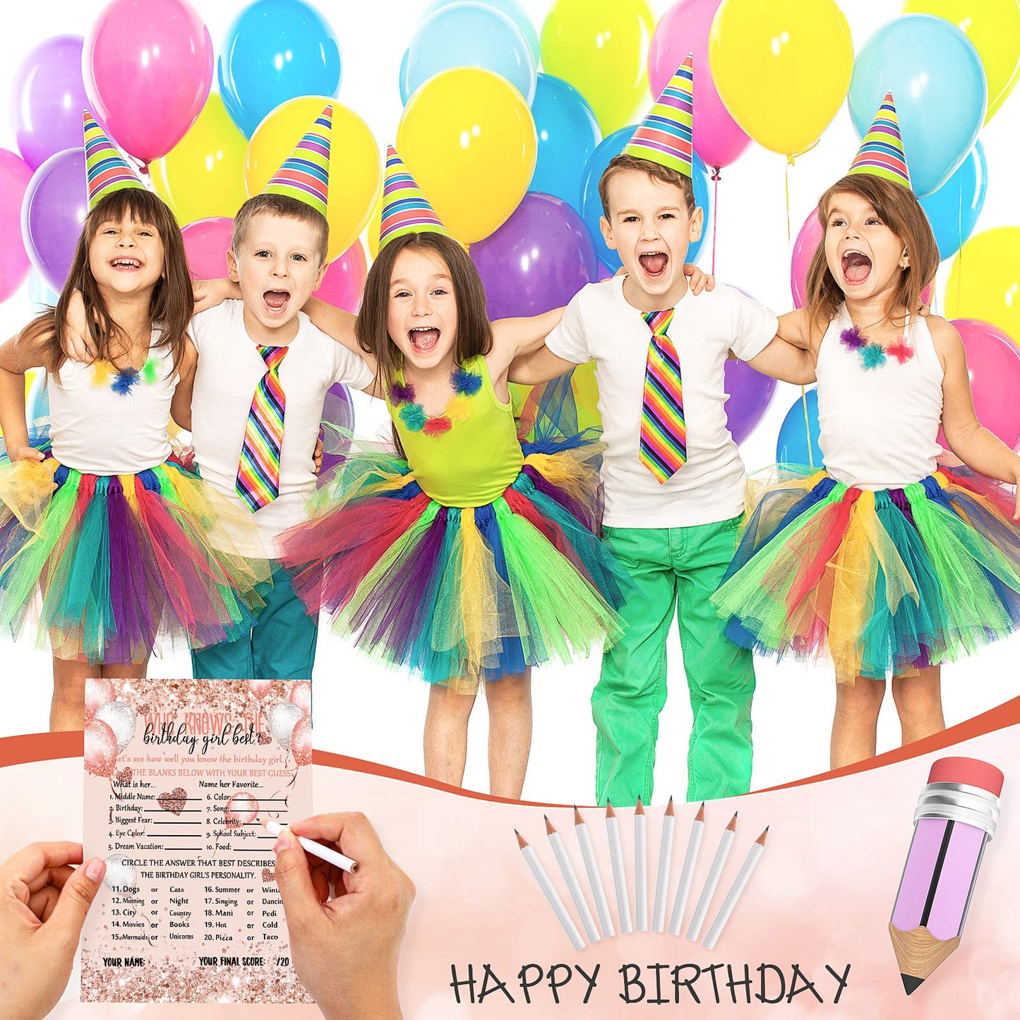 Leinuosen Who Knows The Birthday Girl Best Card, 50 Pcs Birthday Party Game Set Girly Pink Rose Gold Sprinkles Themed Birthday C