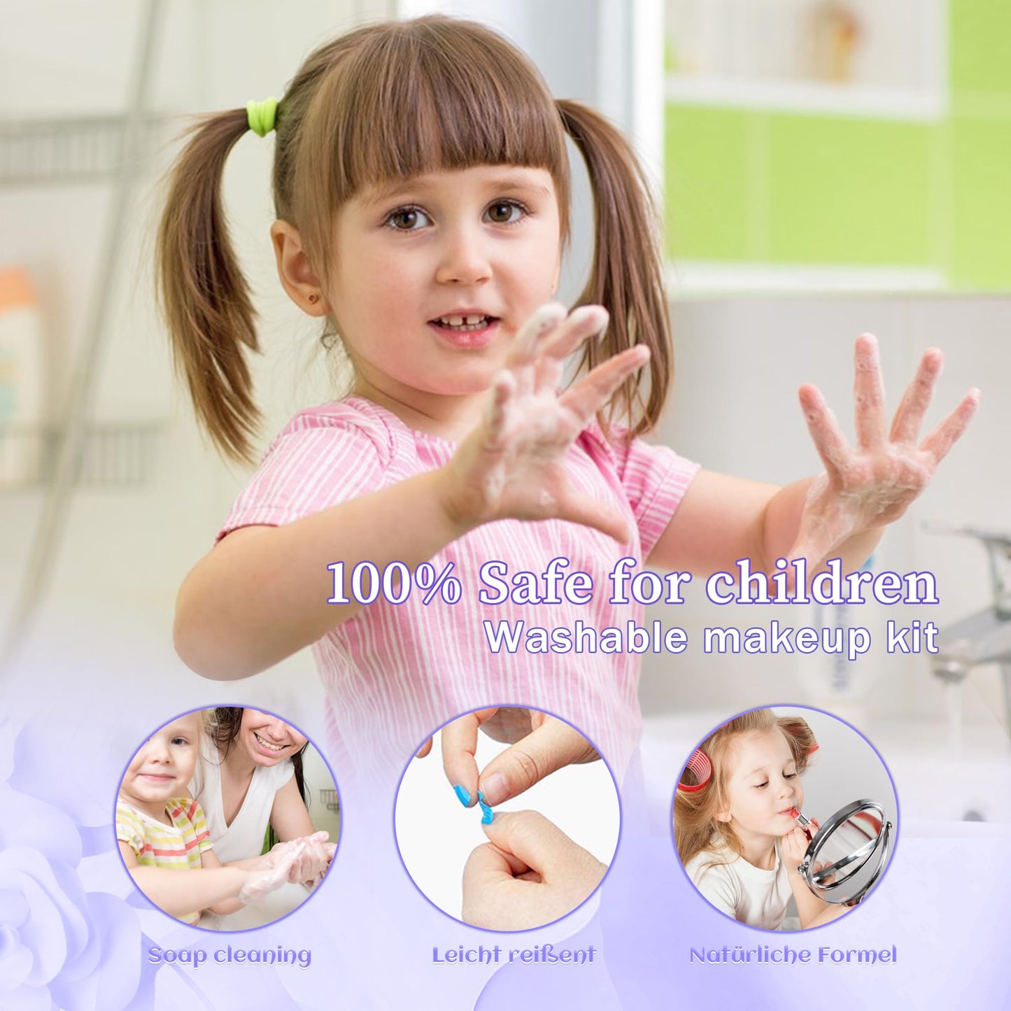 Mrabbitoo Kids Makeup Kit - 57 Pcs Non-Toxic Washable Toys for Girls Age 3-12, Light Purple