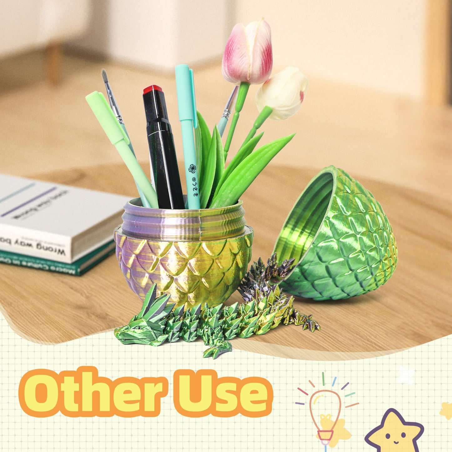 Flavery 3D Printed Dragon In Egg - Tricolor Egg With Flexible Crystal Dragon Inside, Colorful Fidget Toy, Birthday Gift, Desk Pe