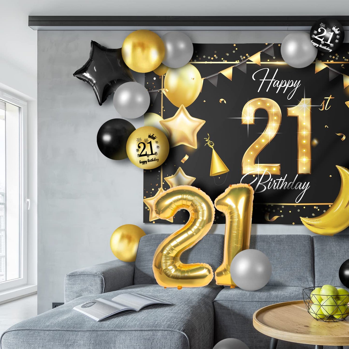 Happy 21St Birthday Balloons Gold Set Decor - Cheers To 21 Years Old Party Theme Garland Star Moon Banner Backdrop Decorations F