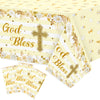 Bkeecten 3 Packs Gold Baby Baptism Party Tablecloths Decorations Flower Theme Displsable Plastic Waterproof Rectangle God Bless