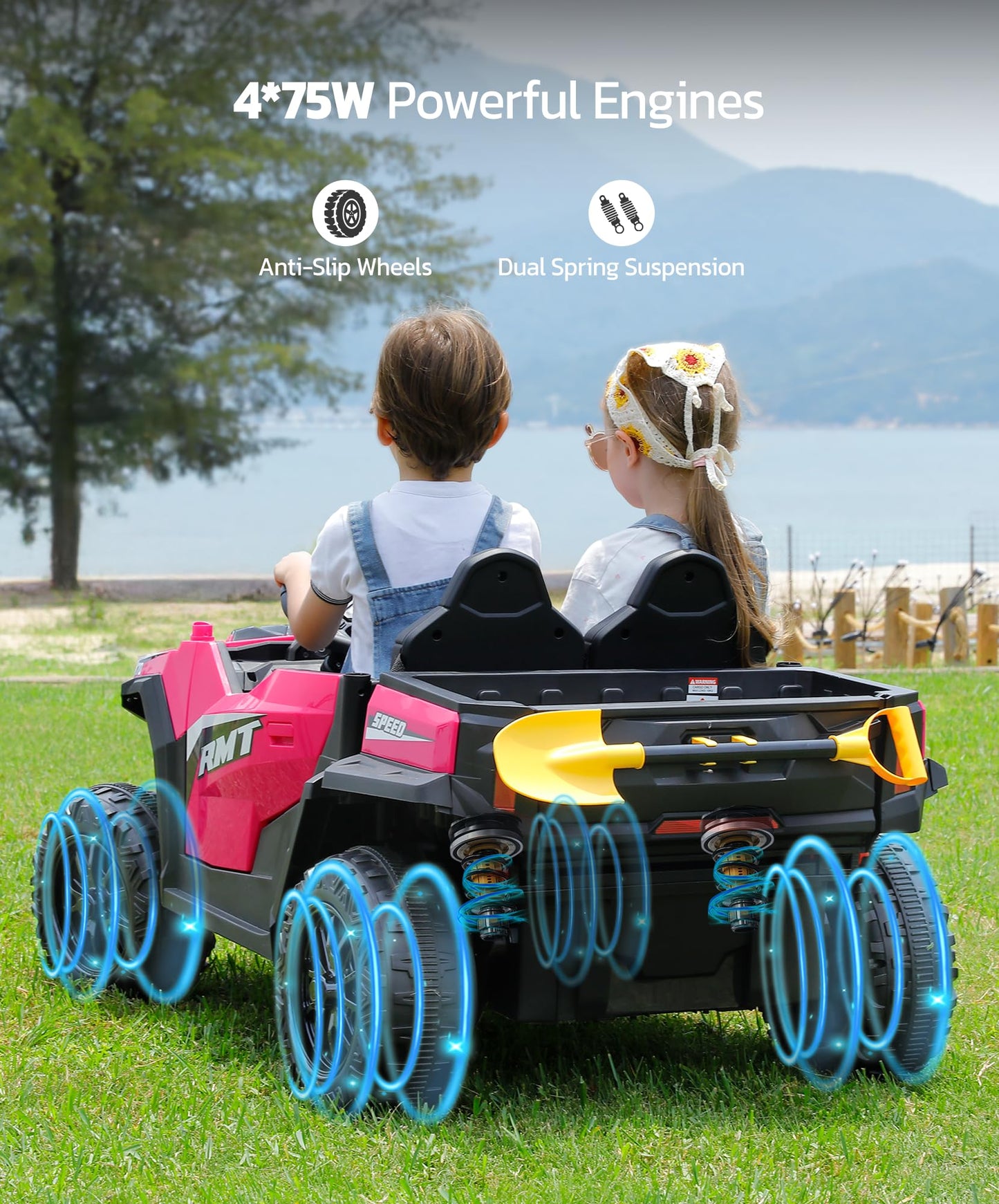 ELEMARA 24V Ride on Toy for Big Kid,Ride on Car 2 Seater w/Sun Shade,Dump Bed & Shovel,4.5MPH,4WD Electric Car for Kids,Battery