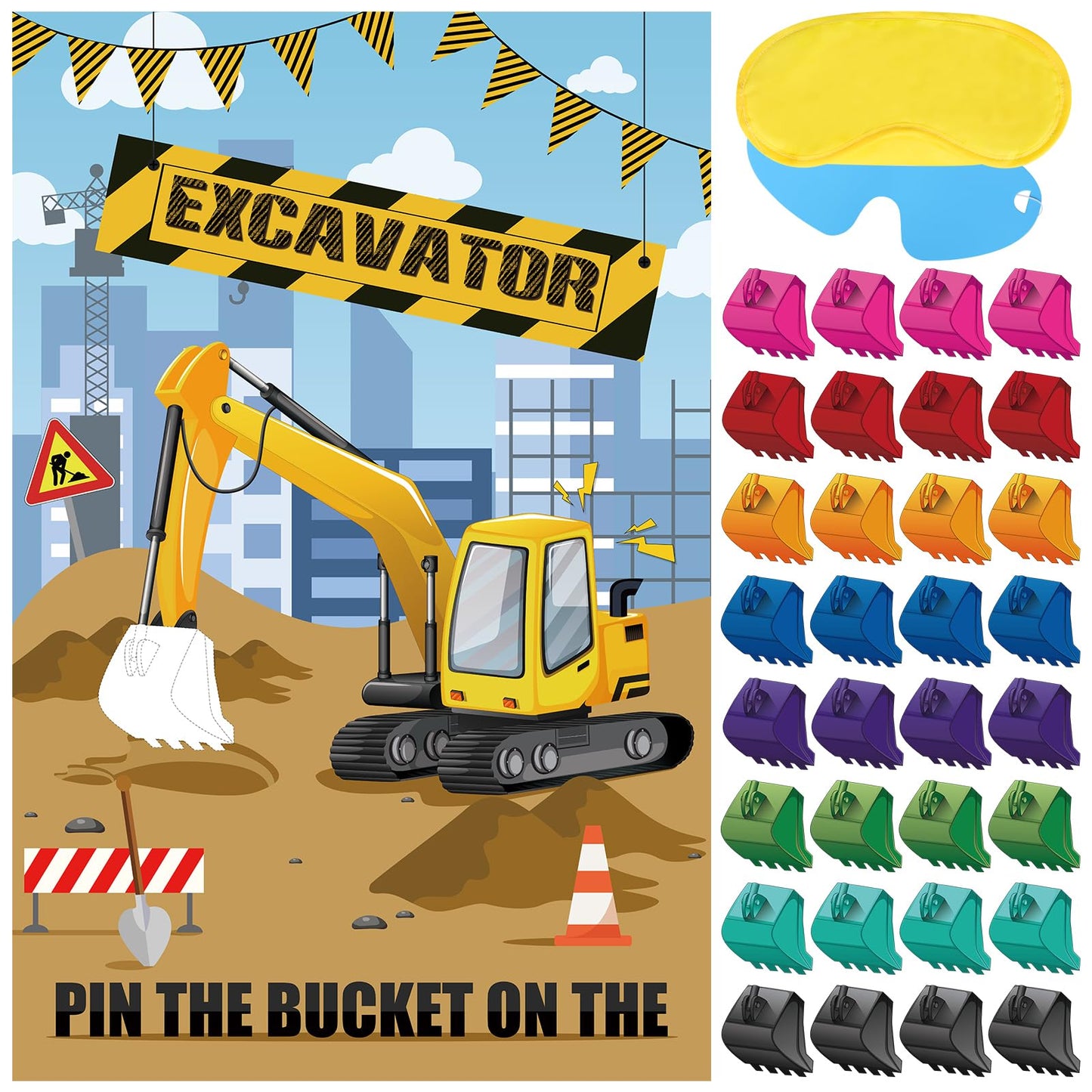 Hooqict Pin The Bucket On The Excavator Construction Party Games For Kids Boys Birthday Party Pin The Games Construction Party Decorations Supplies, Large Excavator Poster With 32 Stickers