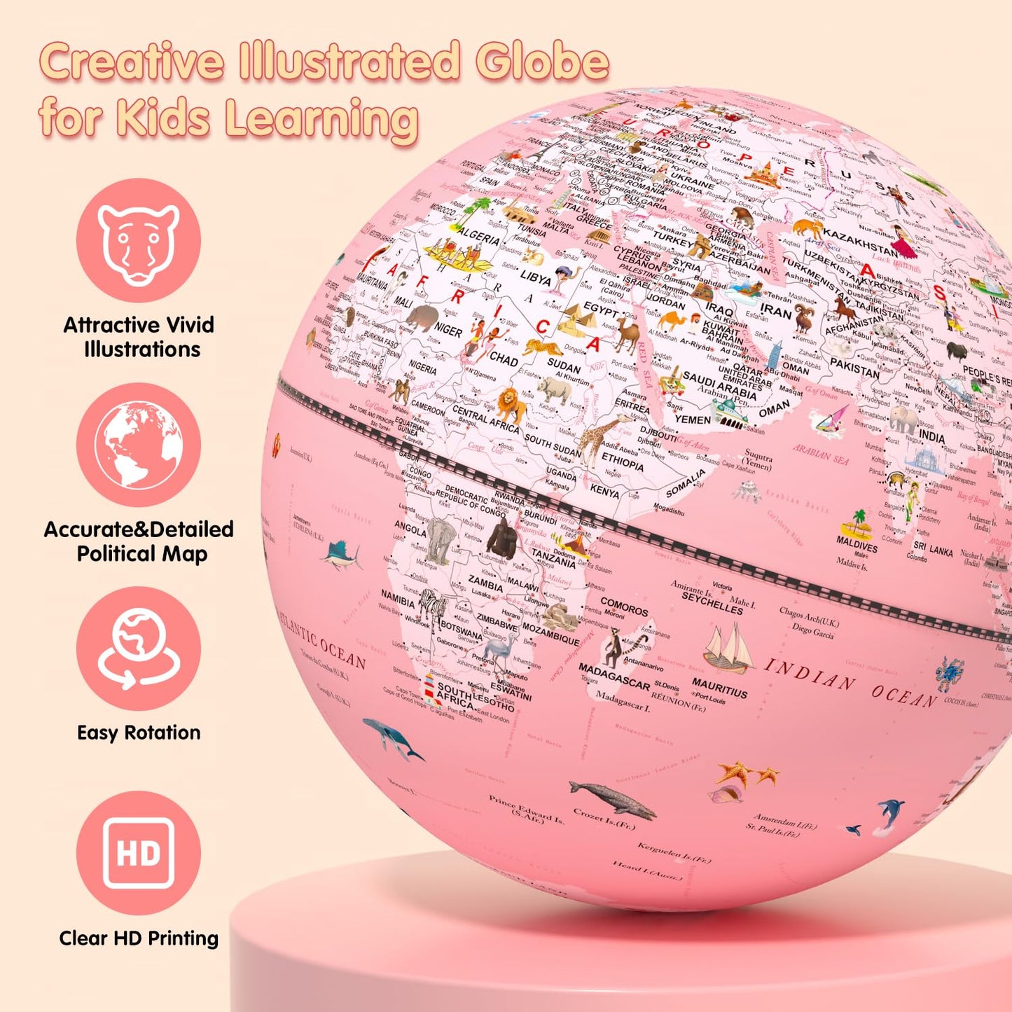 Jowhol Pink Globe For Kids Learning Illuminated Globes Of The World With Stand & Animals Illustrations Earth World Globe Night L