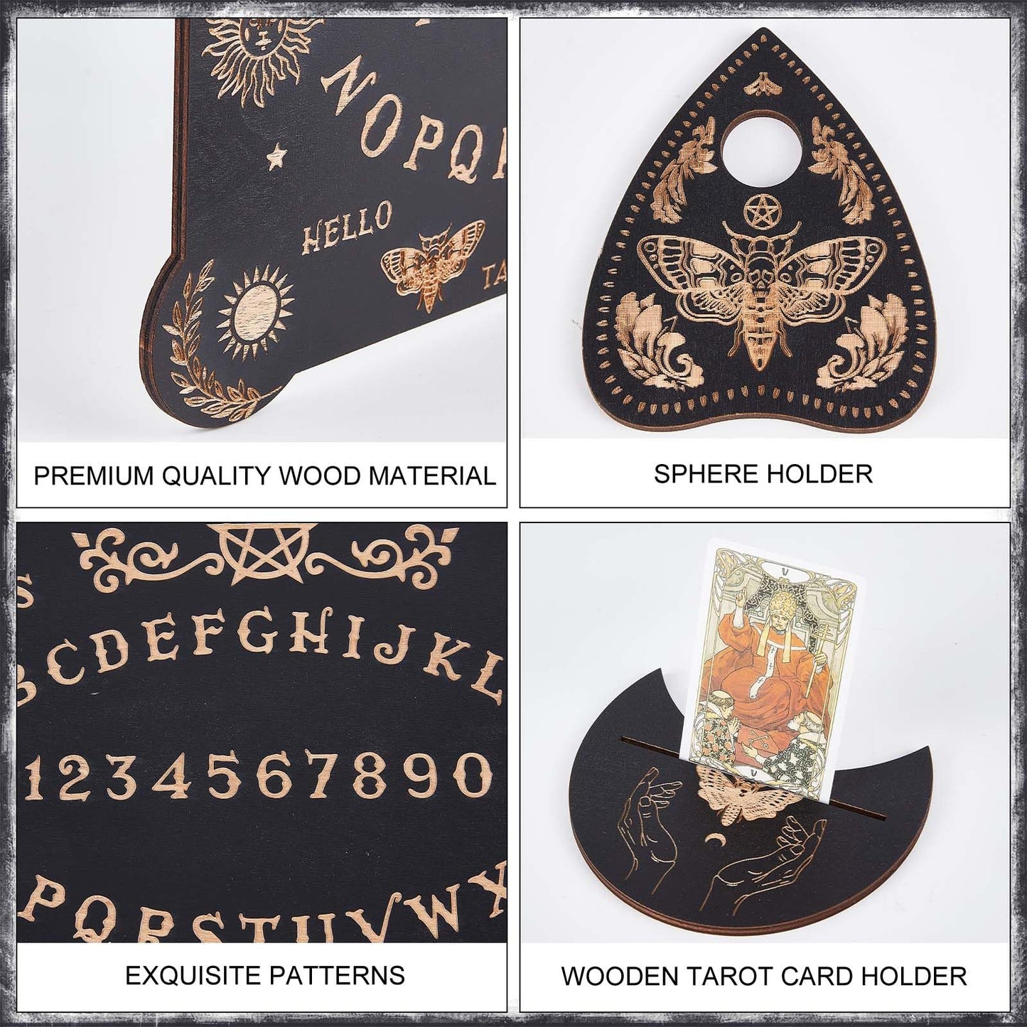 Creatcabin 3Pcs Wooden Spirit Board Kit Tarot Card Stand Holder Moth Divination Board Set With Planchette Black Altar Card Displ